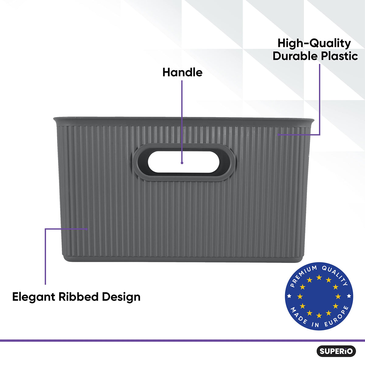 Superio Ribbed Collection - Decorative Plastic Basket Open Home Storage Bins Organizer, Large Grey