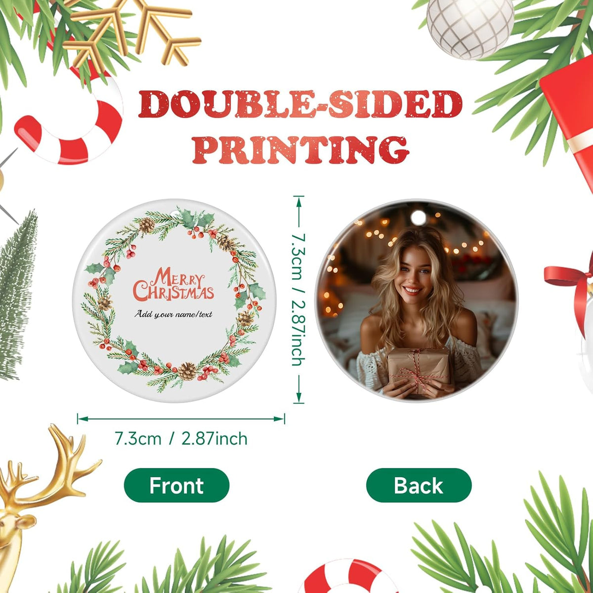 Personalized Christmas Ornaments 2025, Double-Side Custom Christmas Ornament, Round Ceramic Photo