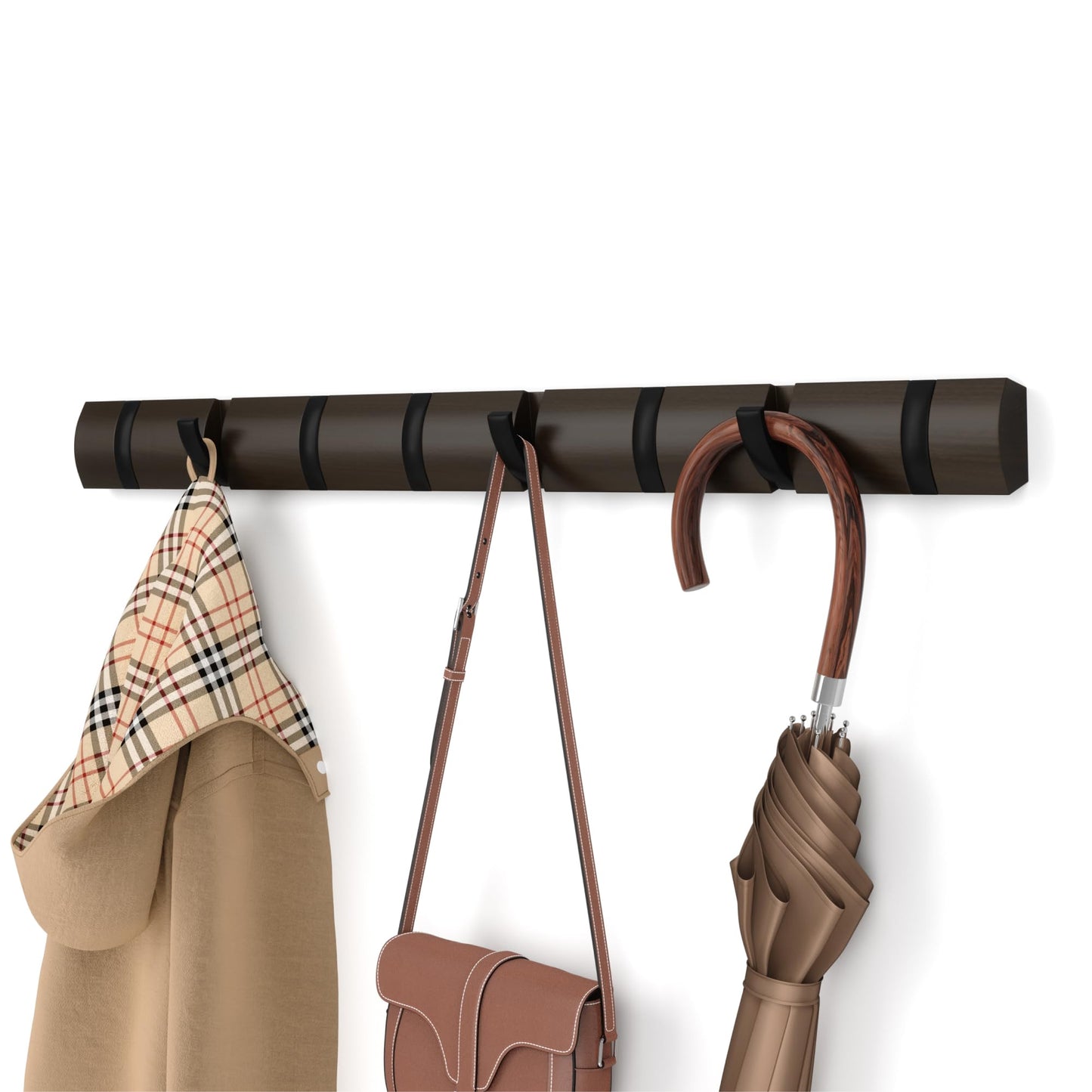 Umbra Flip Coat Rack, Wall Mount 8-Hook, Space Saving, Walnut/Black