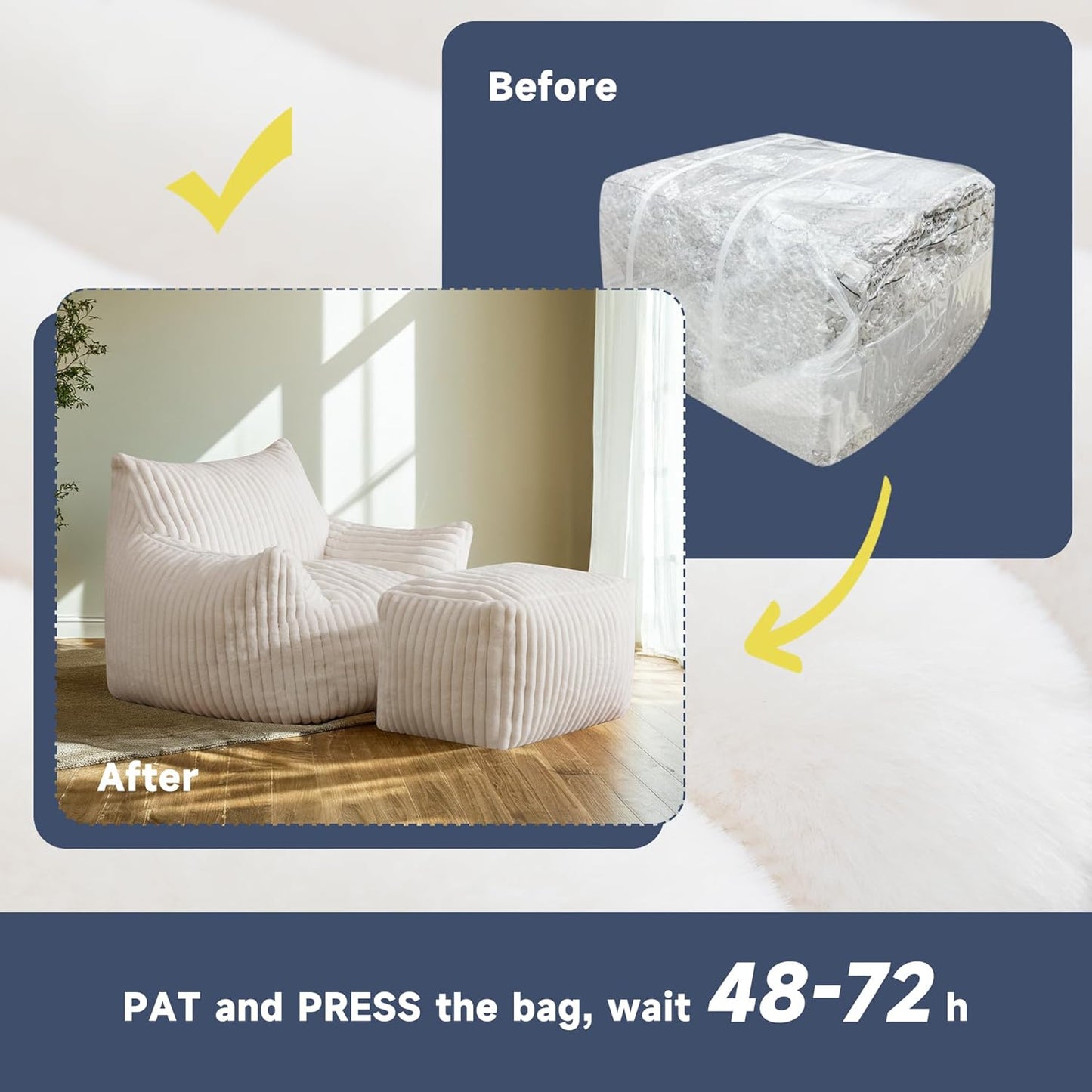 Giant Bean Bag Chairs for Adults, Oversized Chaise Lounge Chair Indoor with Memory Foam - Plush