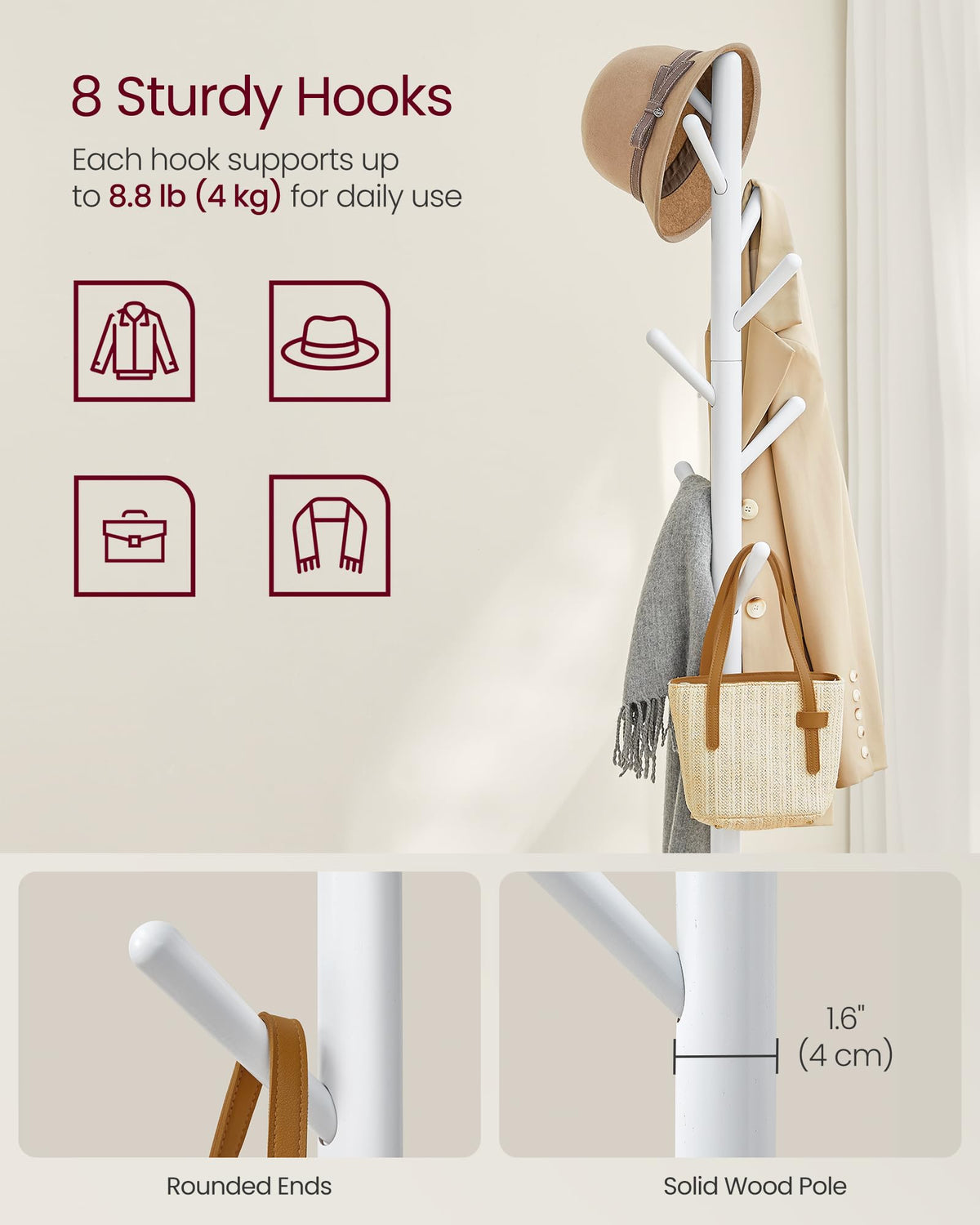 VASAGLE Coat Rack, Free Standing Coat Stand, Hall Coat Tree with 8 Hooks and Storage Shelf, 67.2