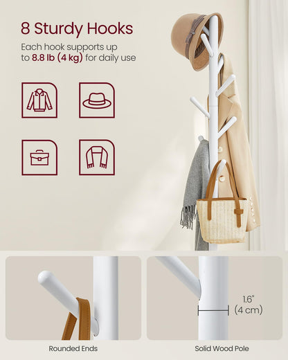 VASAGLE Coat Rack, Free Standing Coat Stand, Hall Coat Tree with 8 Hooks and Storage Shelf, 67.2
