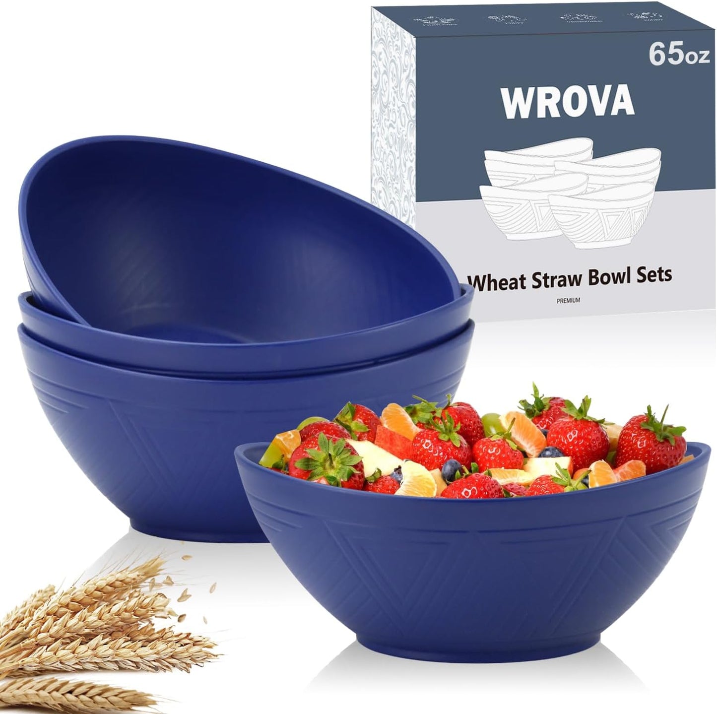 65oz Large Salad Bowls Deep Blue - Wheat Straw Serving Bowls Set of 4 - Unbreakable Serving Bowls