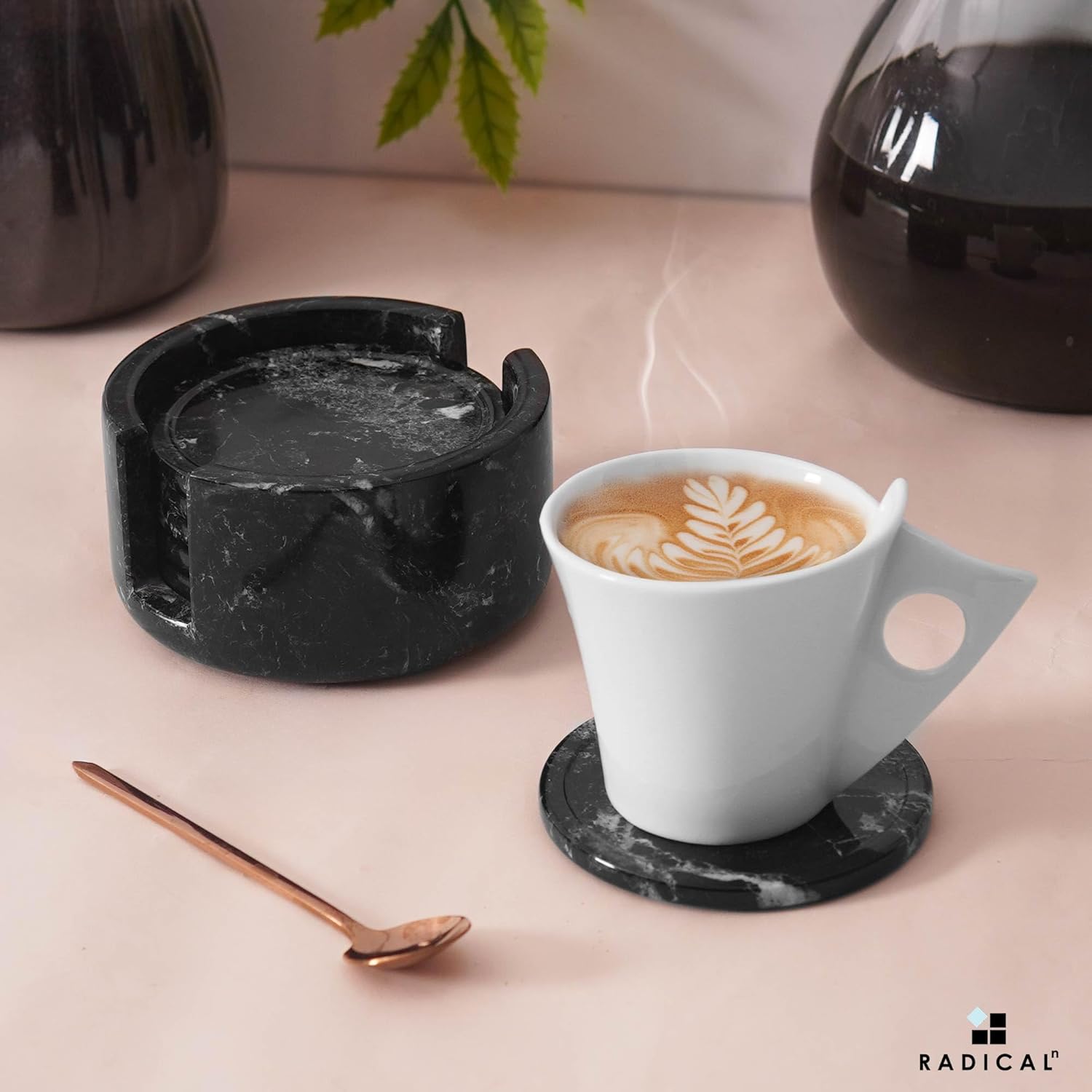 Marble Coasters Set of 6 Black 3.5 Inch Round Coaster for Drinks with Holder, Drink Coaster for