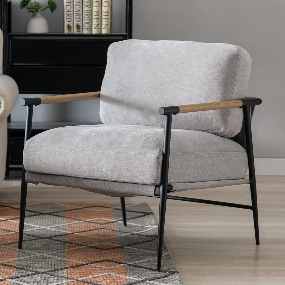 Mid-Century Accent Chair, Soft Armchair Chenille Fabric Lounge Chair with Black Metal Legs