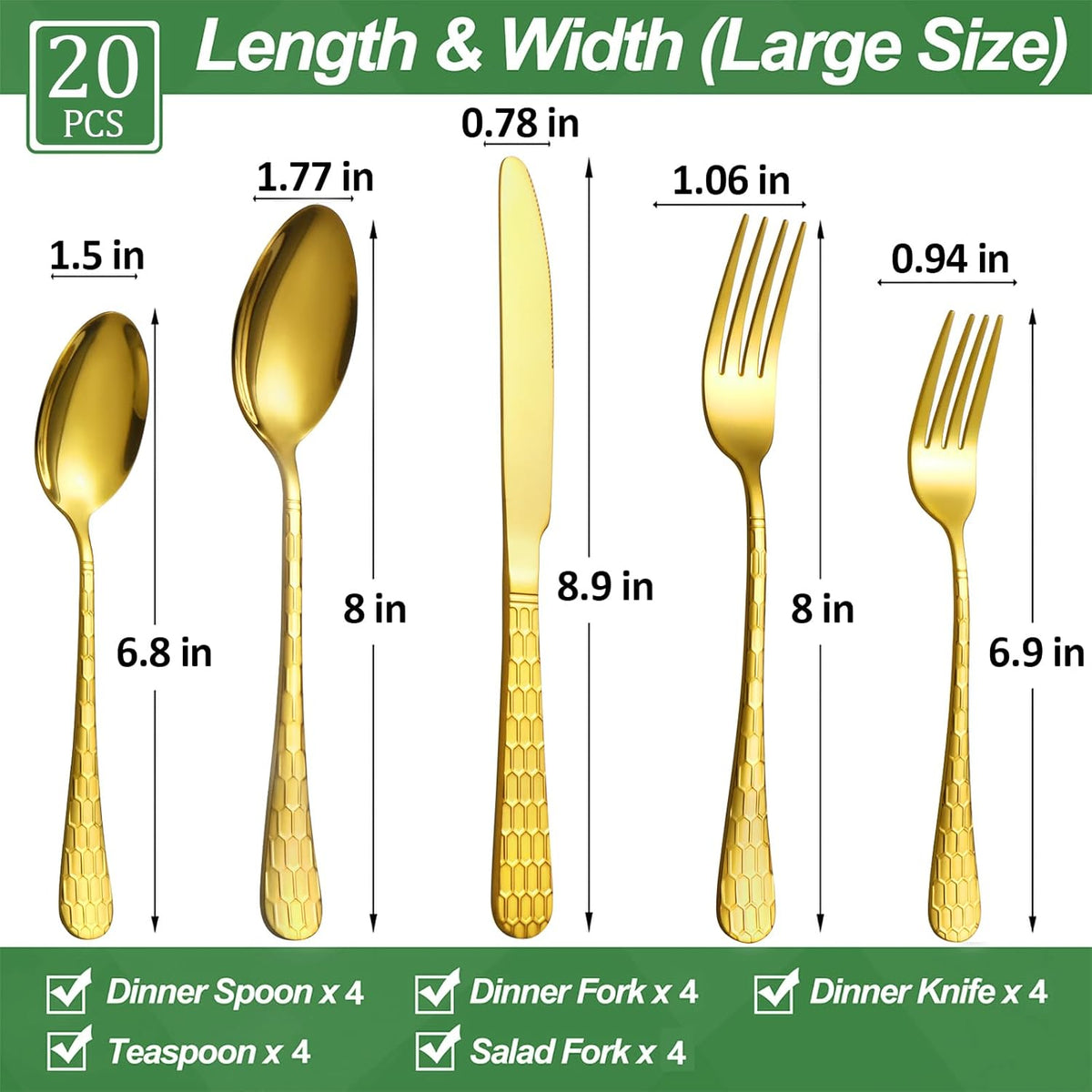 20 Pcs Gold Silverware Set for 4 with Water Cube Handle design, Food Grade Stainless Steel Flatware