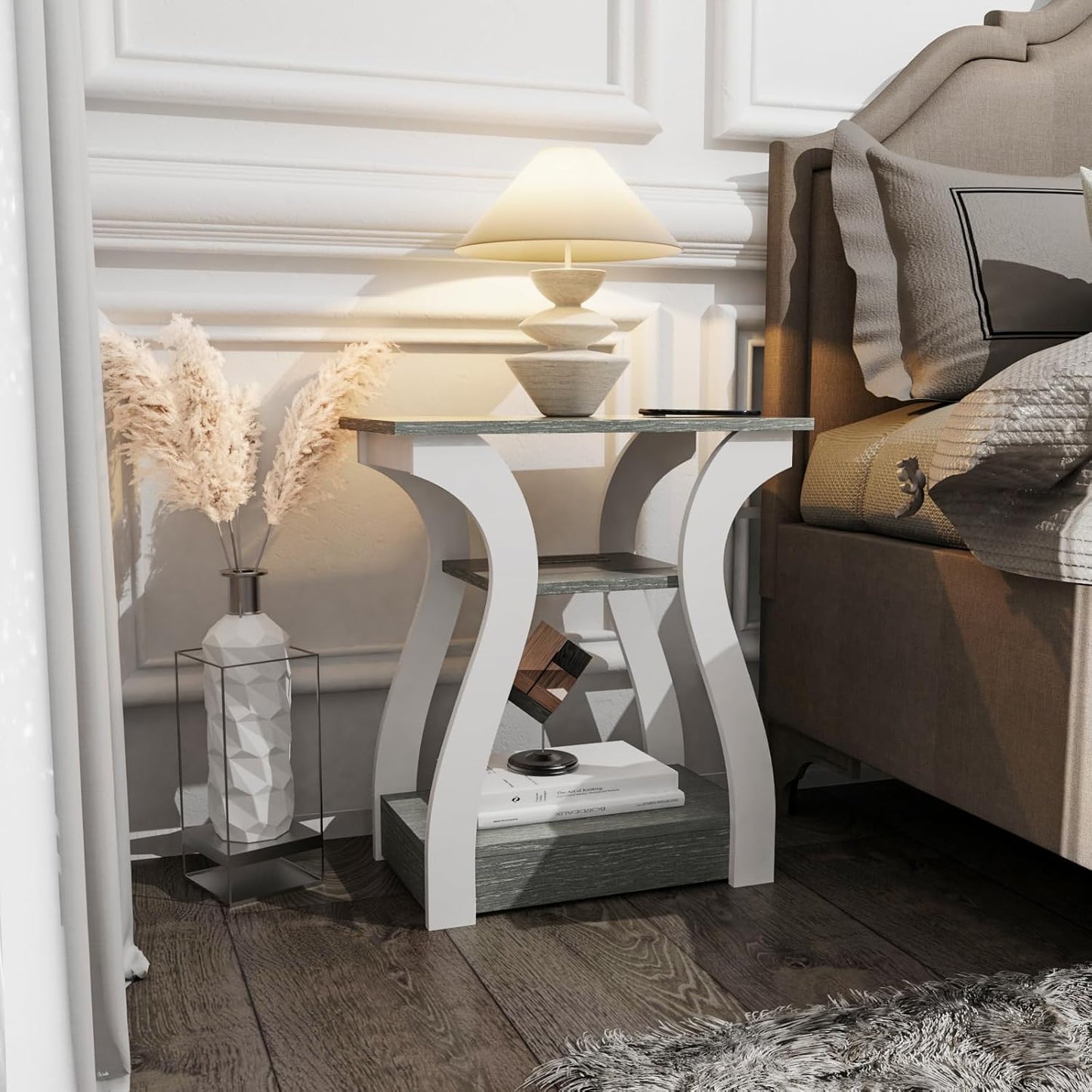 End Tables Living Room, Grey End Table with Charging Station, Grey Side Table, Nightstand for