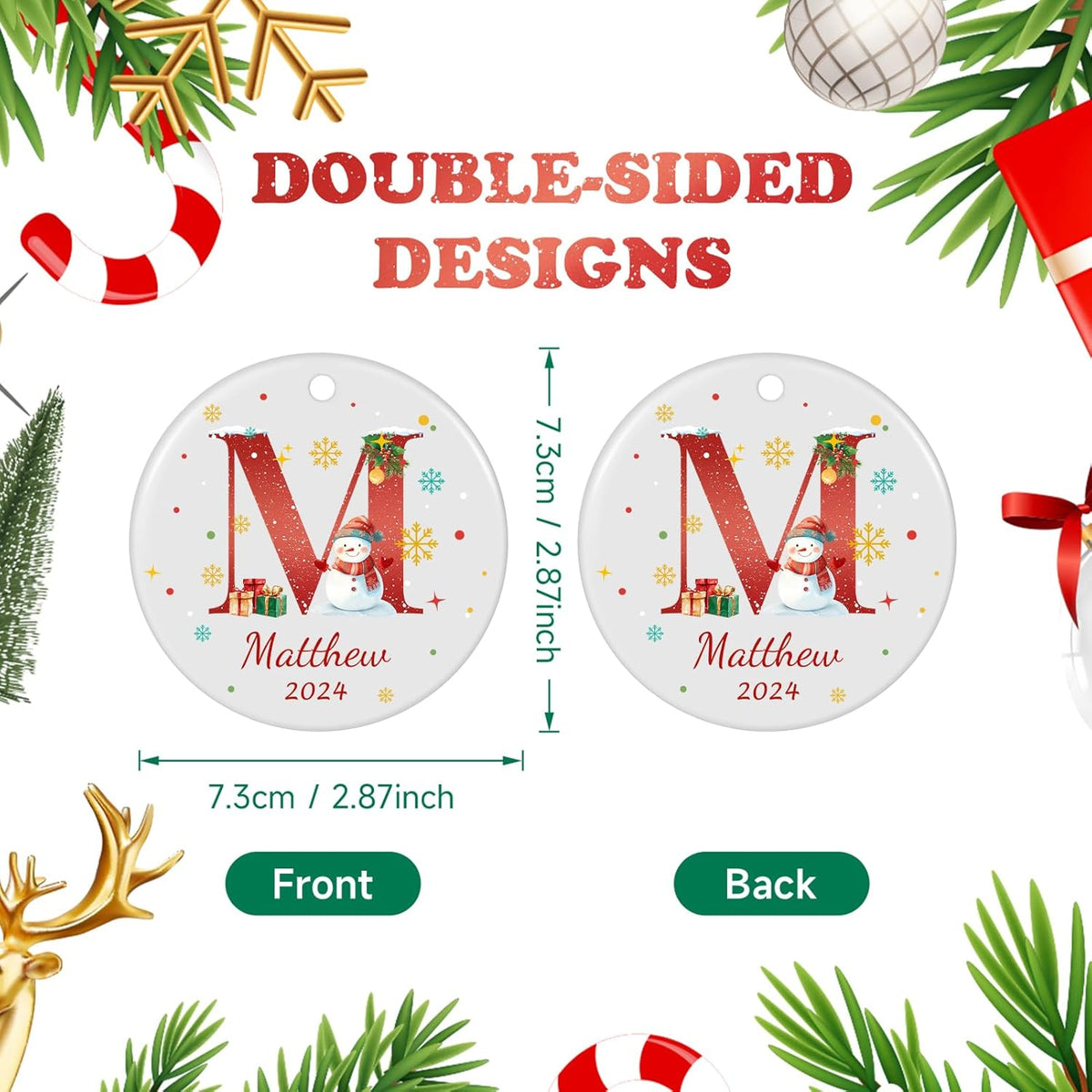 Name Ornaments for Christmas Tree, Custom Initial Monogram Snowman Ceramic Ornament for Kids Boys