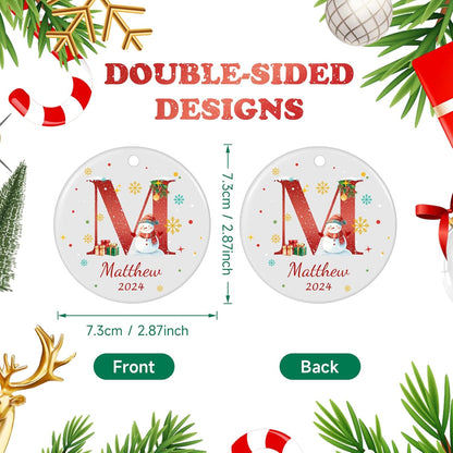 Name Ornaments for Christmas Tree, Custom Initial Monogram Snowman Ceramic Ornament for Kids Boys