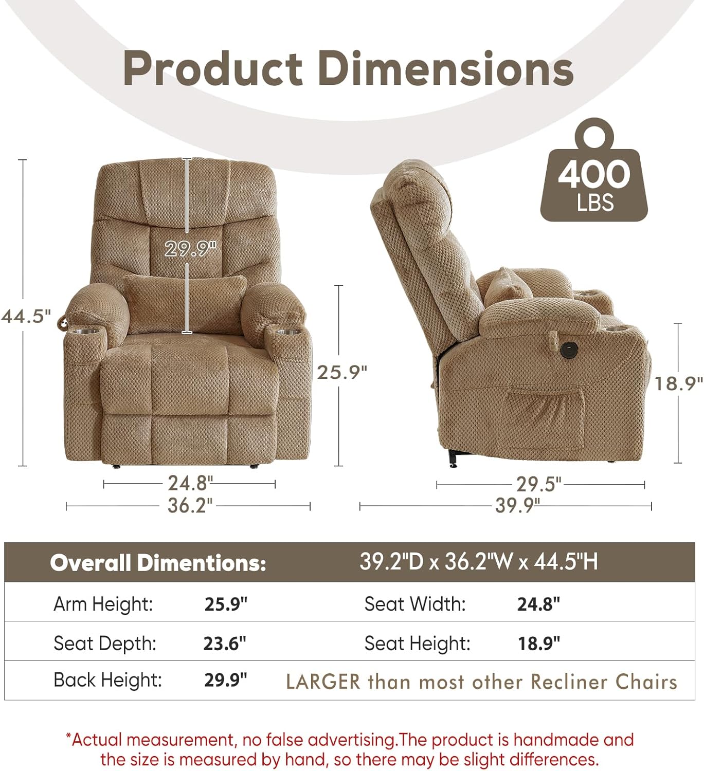 Oversized Dual Motor Lay Flat Power Lift Recliner Chair Set of 2 for Elderly with Massage and Heat