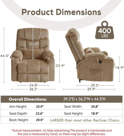 Oversized Dual Motor Lay Flat Power Lift Recliner Chair Set of 2 for Elderly with Massage and Heat