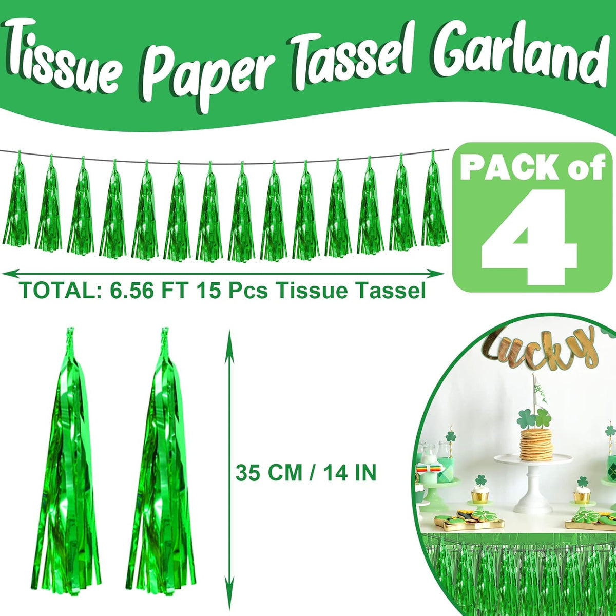 4P Green Foil Fringe Metallic Streamers Banner Tassel Garland for Parade Floats, Bachelorette