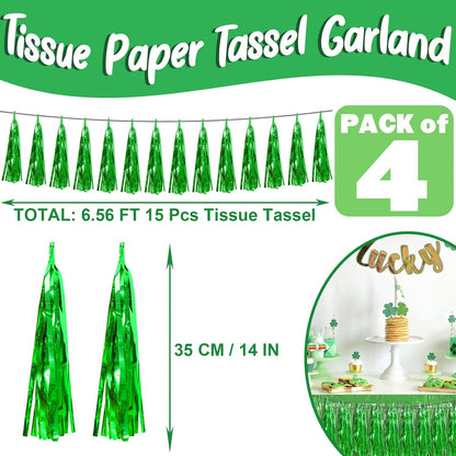 4P Green Foil Fringe Metallic Streamers Banner Tassel Garland for Parade Floats, Bachelorette