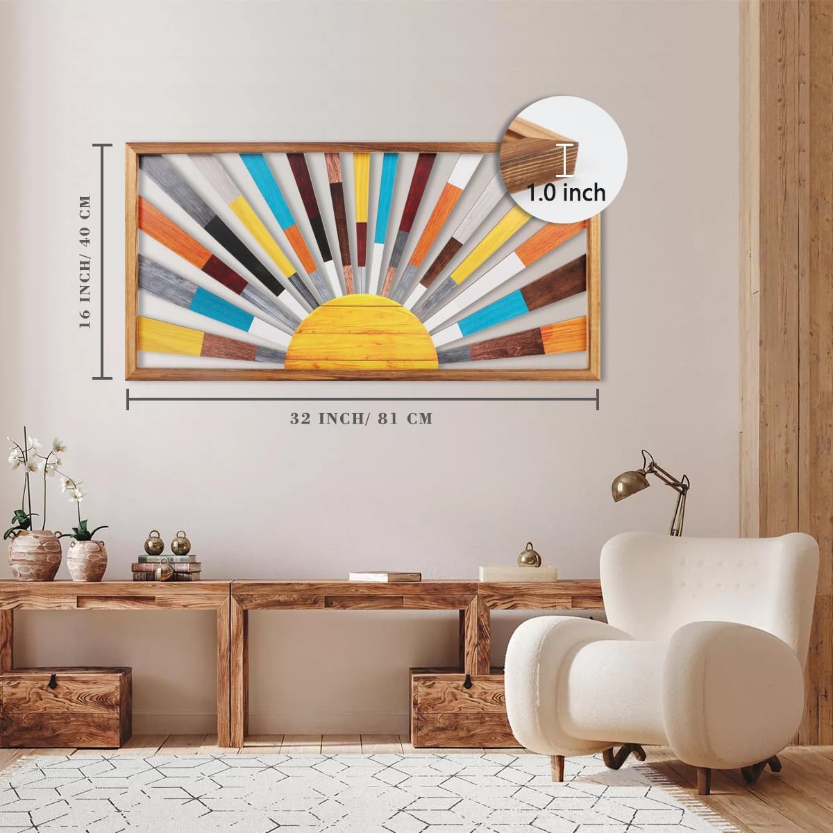 IARTTOP Large Boho Sun Wall Art Framed Wooden Art Wall Decor Rainbow Sun Rising On The Horizon