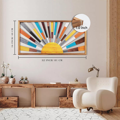 IARTTOP Large Boho Sun Wall Art Framed Wooden Art Wall Decor Rainbow Sun Rising On The Horizon
