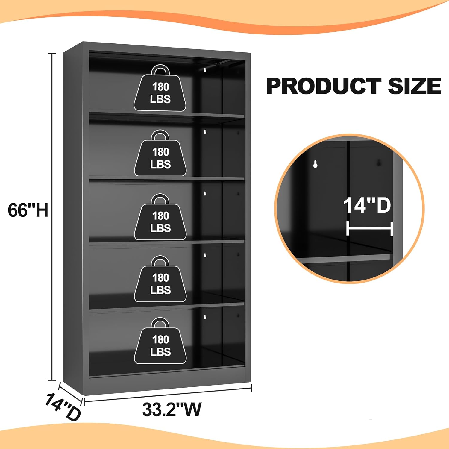 66" Tall Metal Bookcase, 5 Shelf Black Bookcase with Adjustable Shelves, Large Bookshelves and