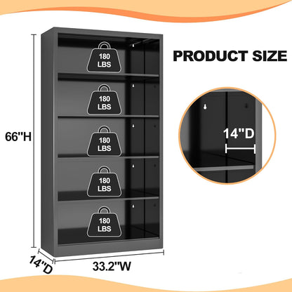 66" Tall Metal Bookcase, 5 Shelf Black Bookcase with Adjustable Shelves, Large Bookshelves and