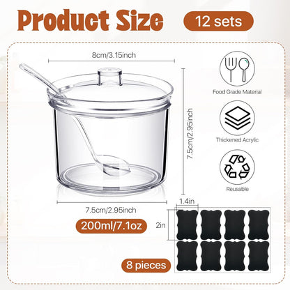 12 Pcs Acrylic Sugar Bowl with Lid and Spoon,7.1 Oz Clear Condiment Storage Pot,Sugar Jar Spices