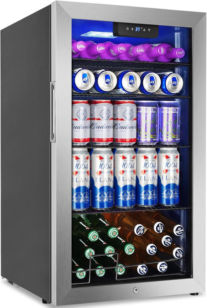 128 Cans Beverage Refrigerator Cooler, 3.2 Cu.Ft Mini Drink Fridge Glass Door for Drink Beer Soda