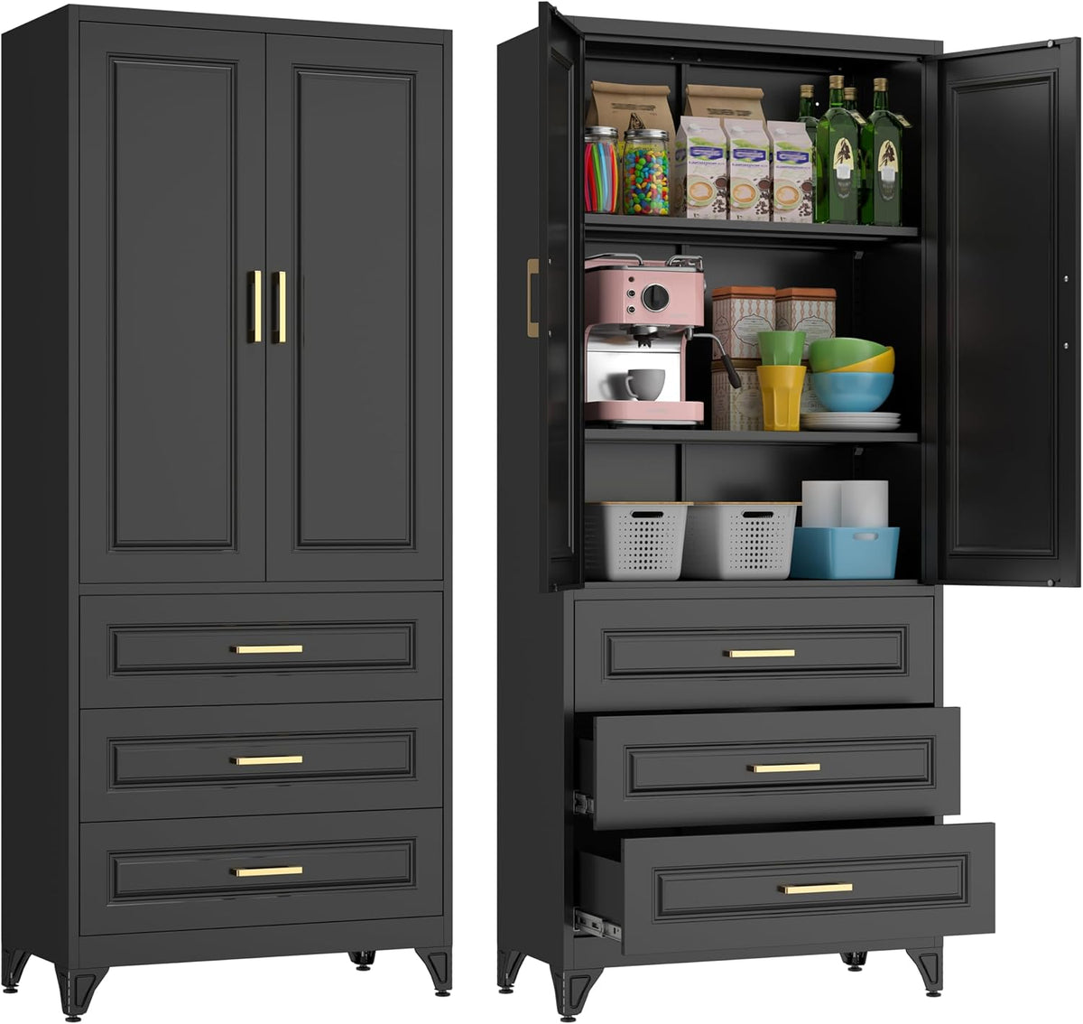 75" Kitchen Pantry Cabinet, Metal Storage Cabinets with Doors and Adjustable Shelves, Black Tall