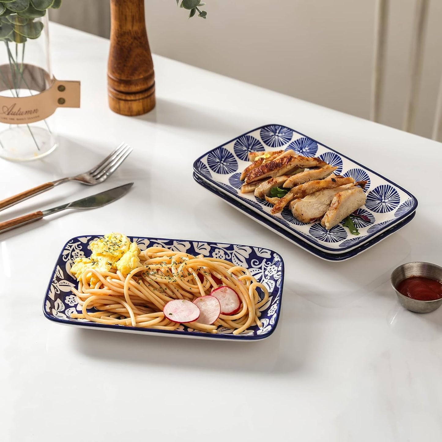 Selamica Ceramic Rectangular Salad Plates Set, Dinner Plate 9.4 Inch Dessert Plates for Party