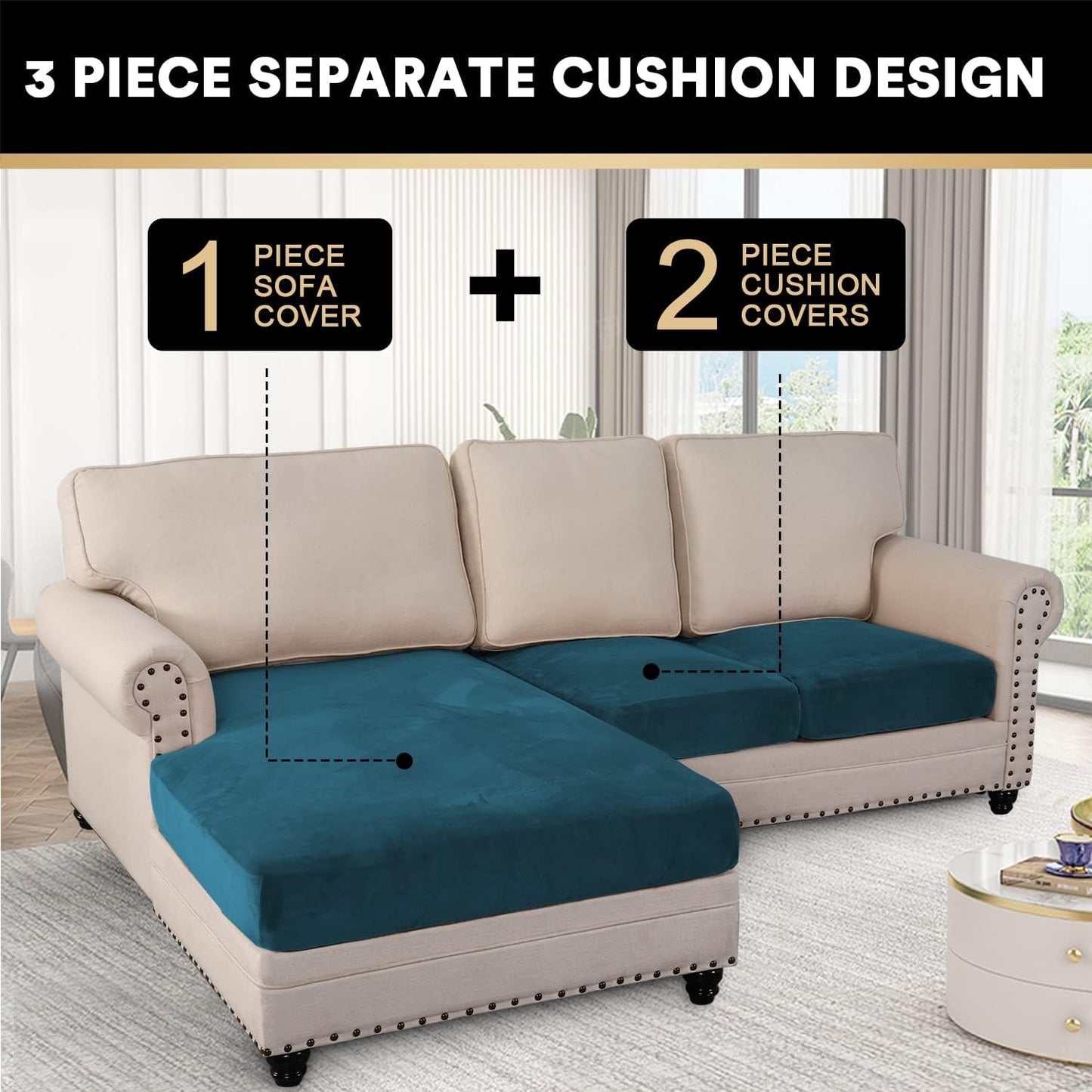 PrinceDeco Sectional Couch Covers 3 Pieces Velvet Sofa Covers L Shape Soft Couch Covers for
