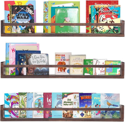 AZSKY Nursery Book Shelves Deep Walnut Wall Mount Floating Book Shelf for Bedroom Wooden Wall Book