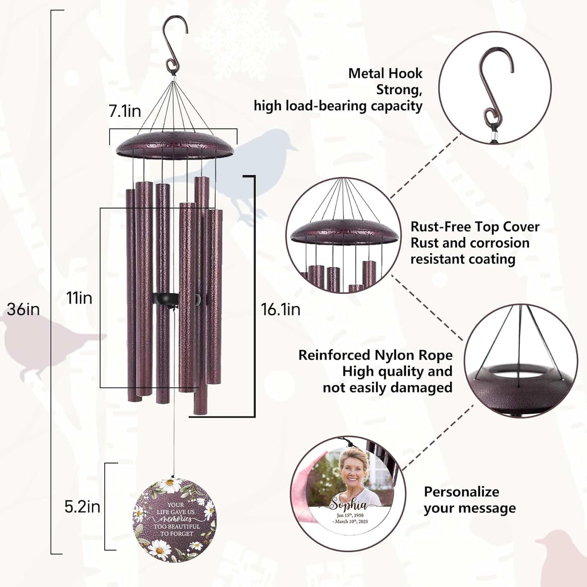 ASTARIN Personalized Deep Tone Wind Chime Memorial, Customized Sympathy Wind Chimes, Memory Wind