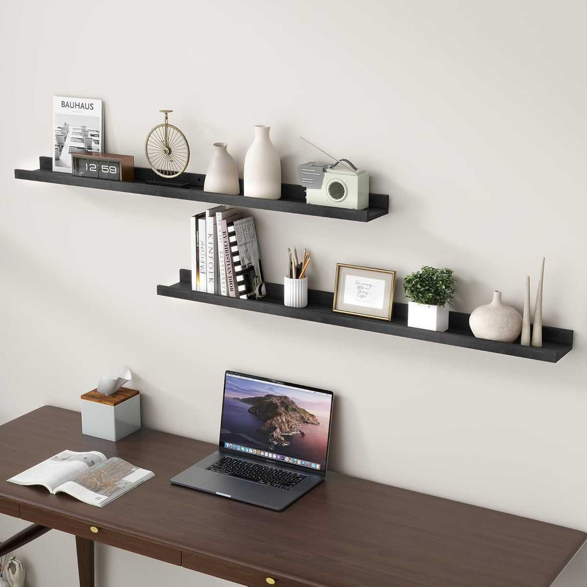 Picture Ledge Shelf for Wall, 48 inch Solid Pine Wood Nursery Book Shelves 2 Packs, Floating Ledge