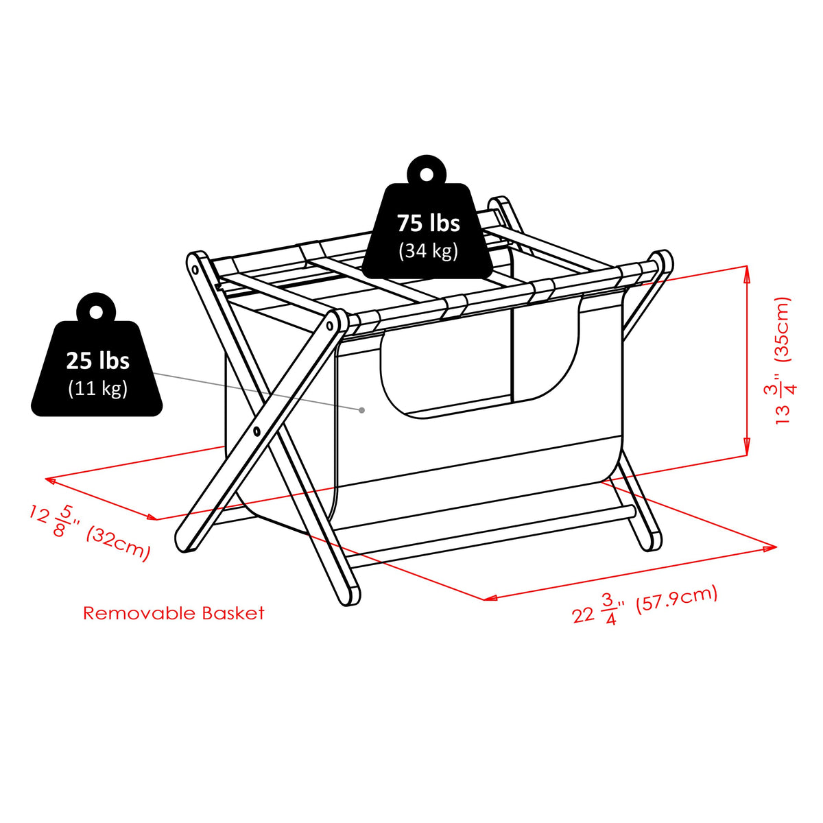 Winsome 92535 Dora Wood Foldable Luggage Rack With Removable Fabric Basket, Espresso