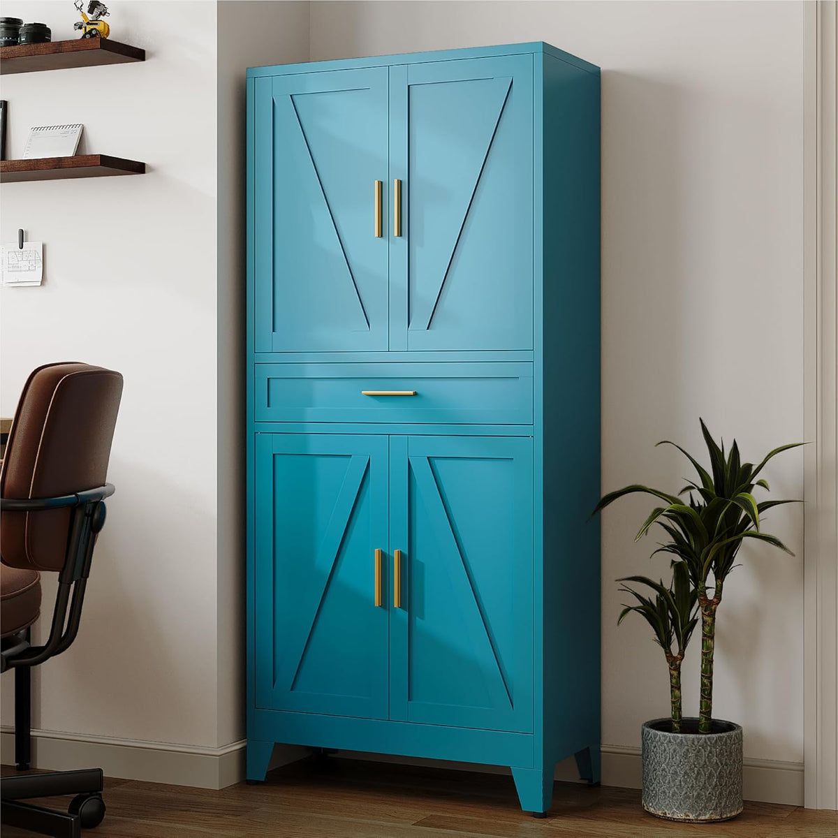 71 "Farmhouse Metal Filing Cabinet with a Drawer and 4 Adjustable Shelves, with 4 Large barn Door