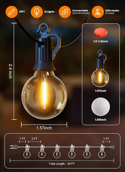 LED Outdoor String Lights, 25FT 12+1 Shatterproof Bulbs Outdoor Patio Lights, IP65 Waterproof