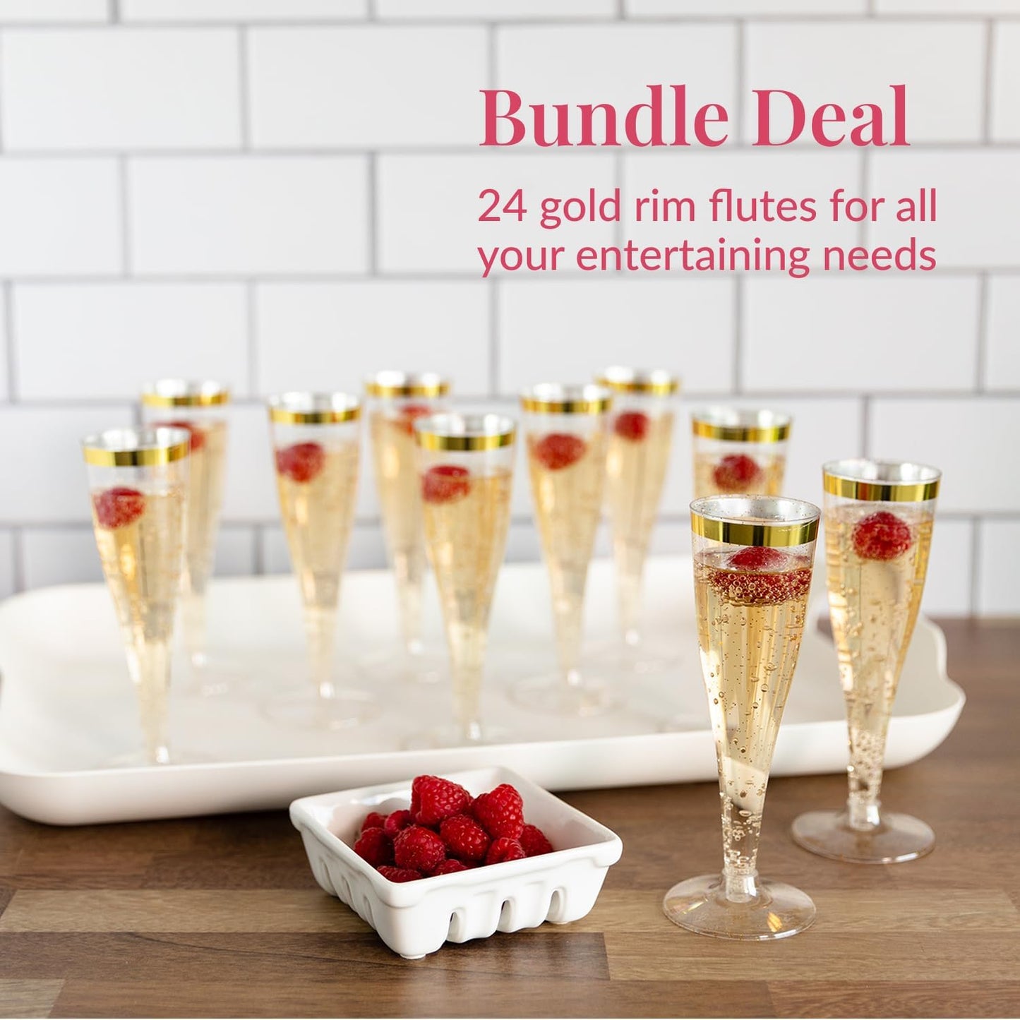 Prestee Set of 24 Plastic Champagne Flutes with Gold Rim - 4.5 oz - Shatterproof Disposable Glasses