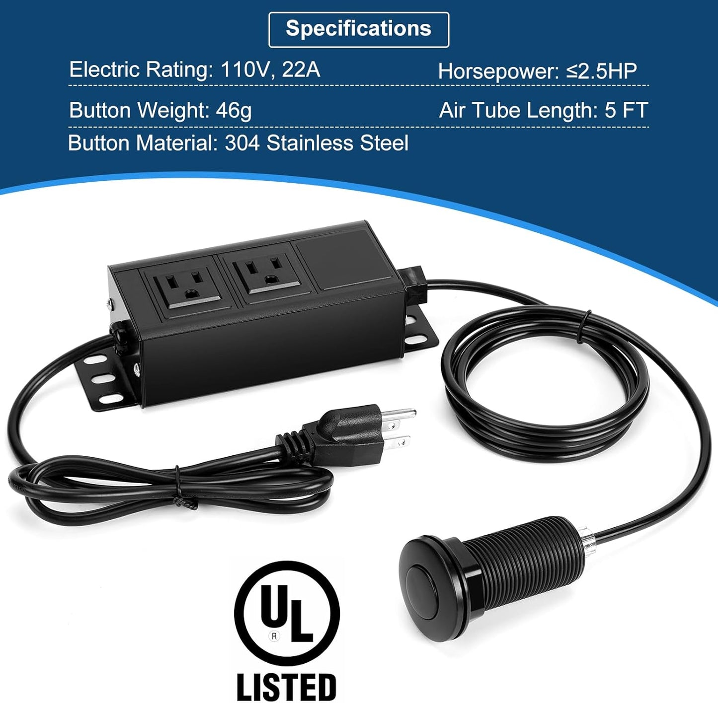 Dual Outlet Garbage Disposal Air Switch Kit, UL Listed Sink Top Air Switch for Food Waste Disposal