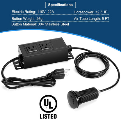 Dual Outlet Garbage Disposal Air Switch Kit, UL Listed Sink Top Air Switch for Food Waste Disposal