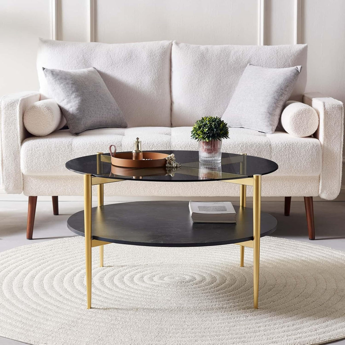 Round Coffee Table for Living Room, Mid-Century Modern Design, D30 x H17, 2-Tier Structure, Grey