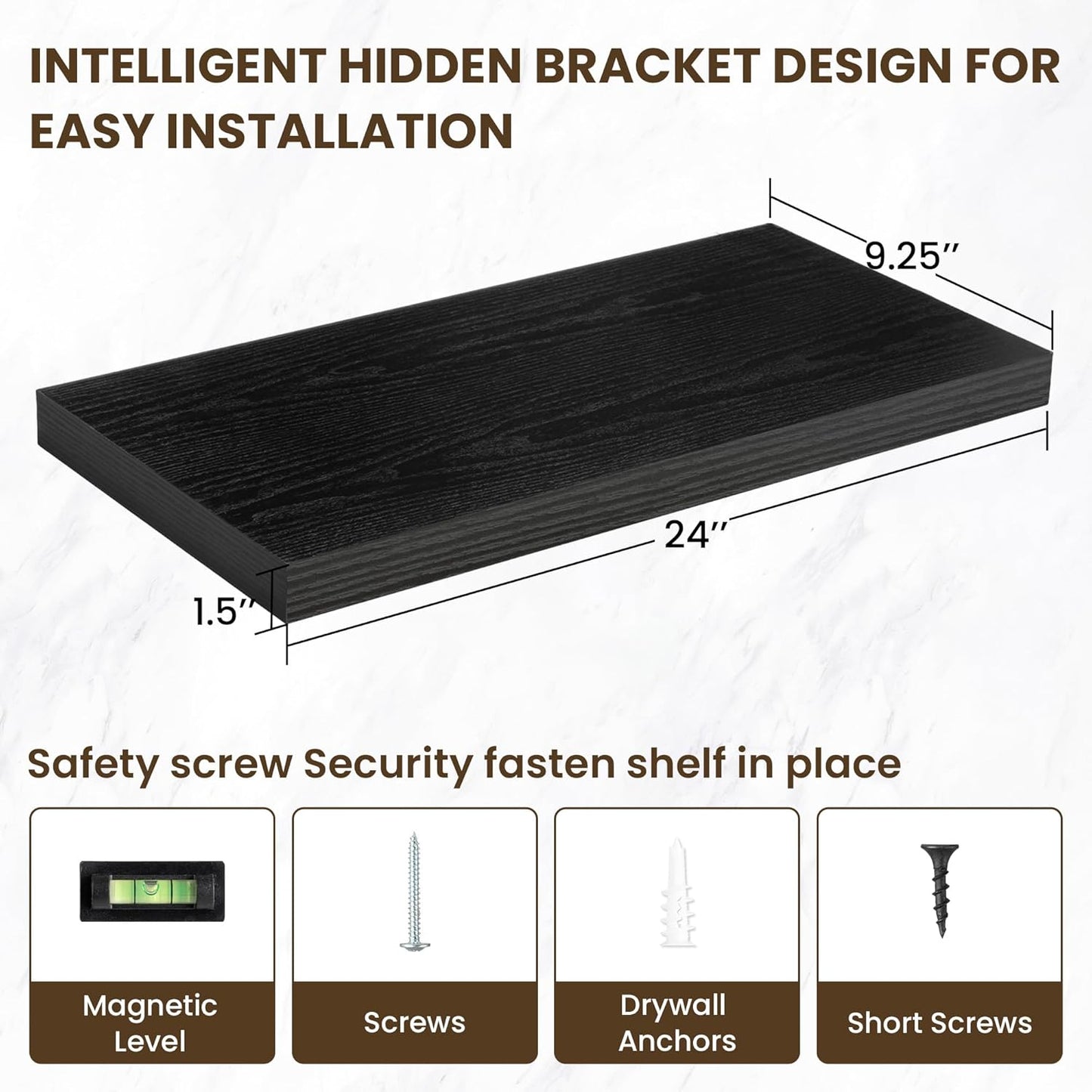 24 Inch Floating Shelves, 24"x9.25"x1.5" Inch Deep Floating Shelves for Wall, Wooden Shelves for