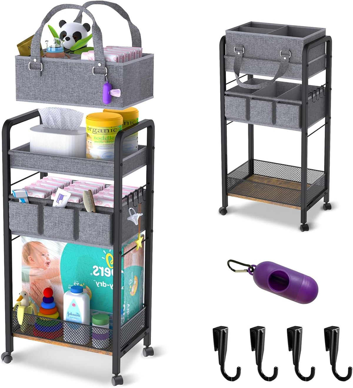 2IN1 Baby Diaper Caddy Organizer-3 Tier Rolling Storage Cart with Dividers - Bedside Diaper Caddy