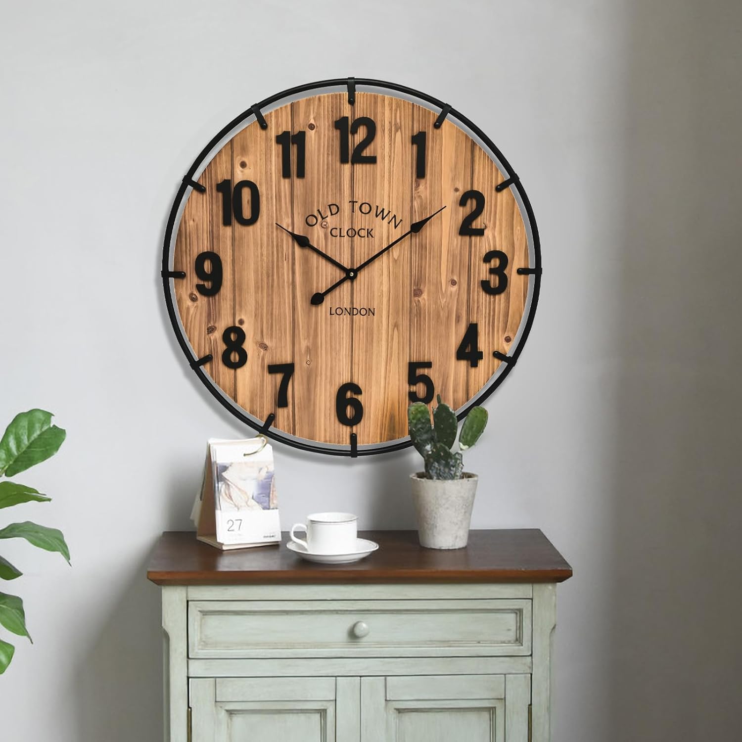Large Old Town Farmhouse Wall Clock 20 Inches - Rustic Antique Wood with Metal Circle and Large
