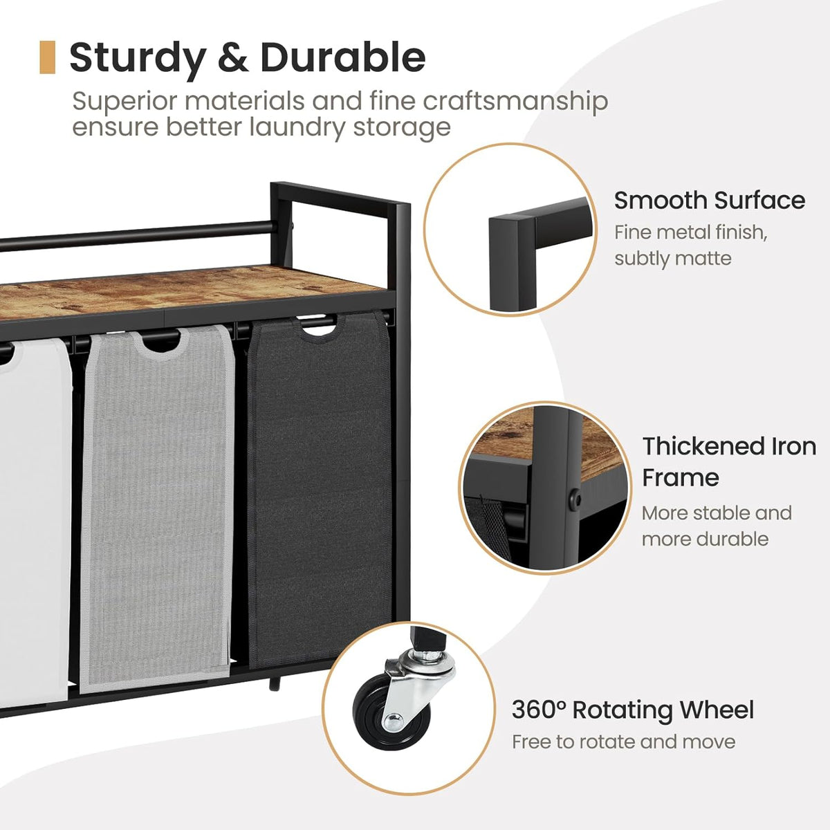 Laundry Hamper, Laundry Basket, Laundry Sorter with 3 Removable Bags, Clothes Basket with 3