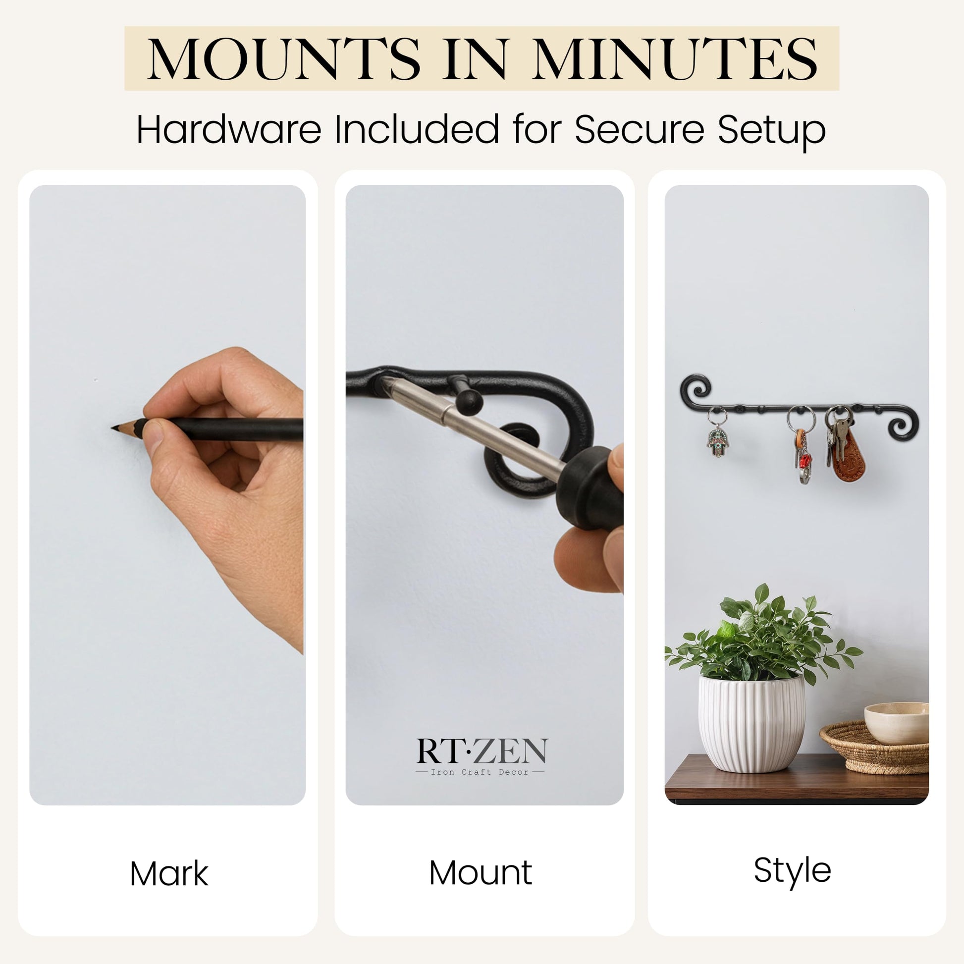 RTZEN Farmhouse Small Key Holder for Wall, Wrought Iron Wall Mount Rack