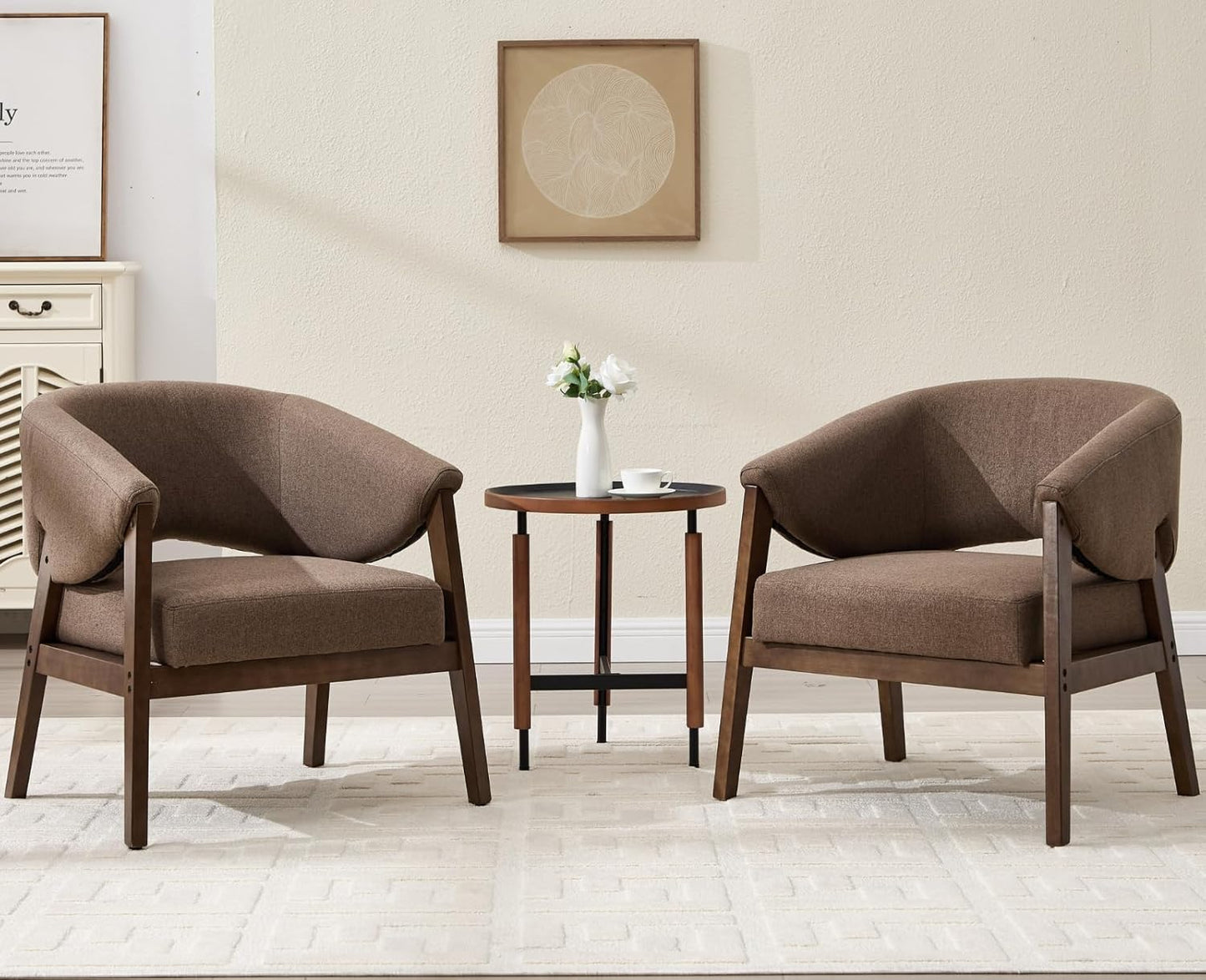 Mid-Century Modern Accent Chairs Set of 2, Comfy Barrel Armchairs with Wide Seat, Upholstered