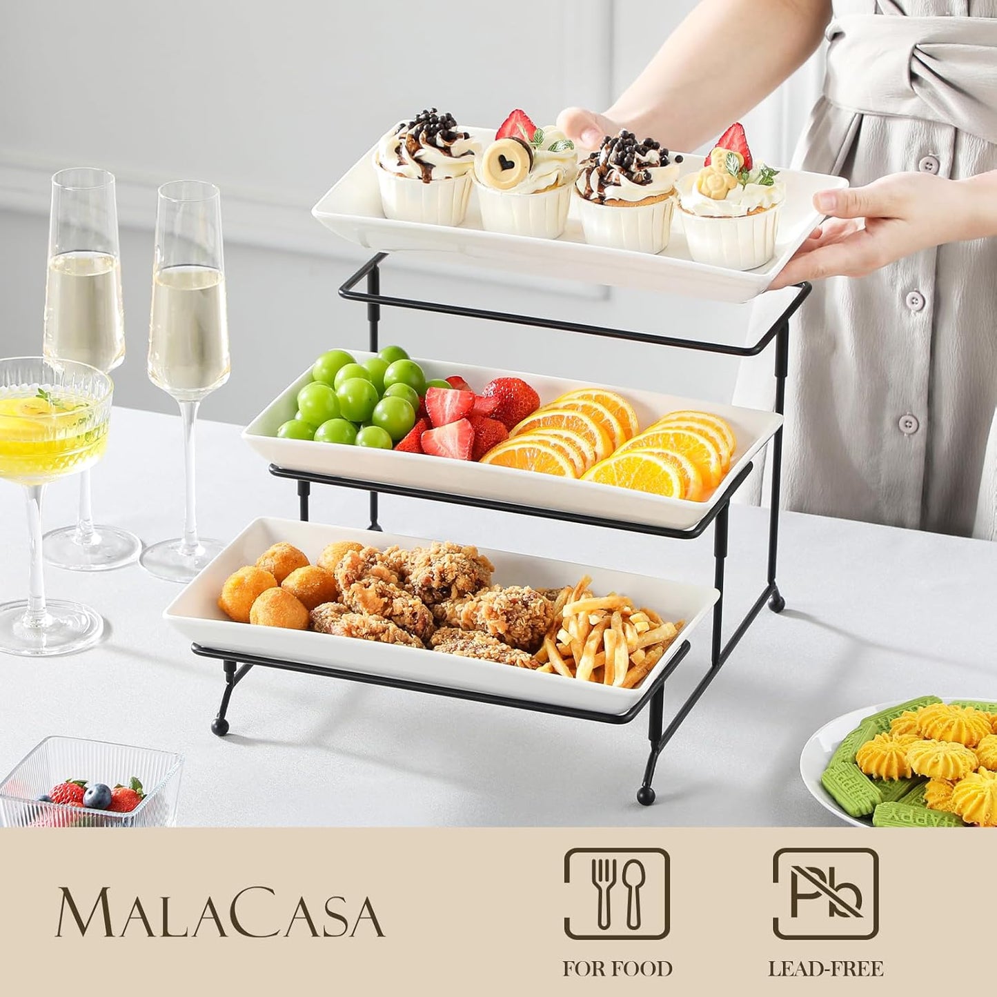 MALACASA 3 Tier Serving Trays for Party, Porcelain Serving Platters and Trays, 12 Inch Tiered Tray