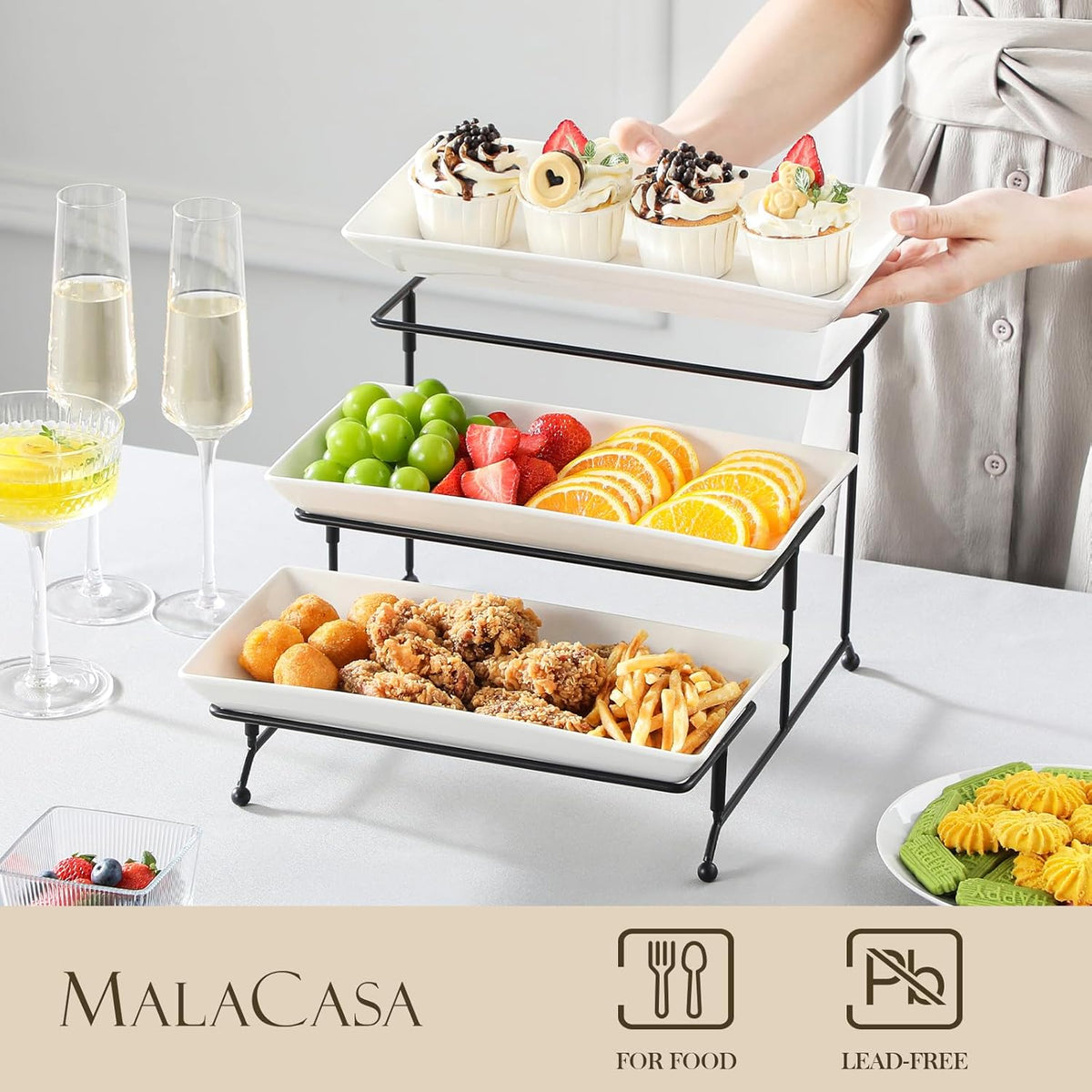 MALACASA 3 Tier Serving Trays for Party, Porcelain Serving Platters and Trays, 12 Inch Tiered Tray