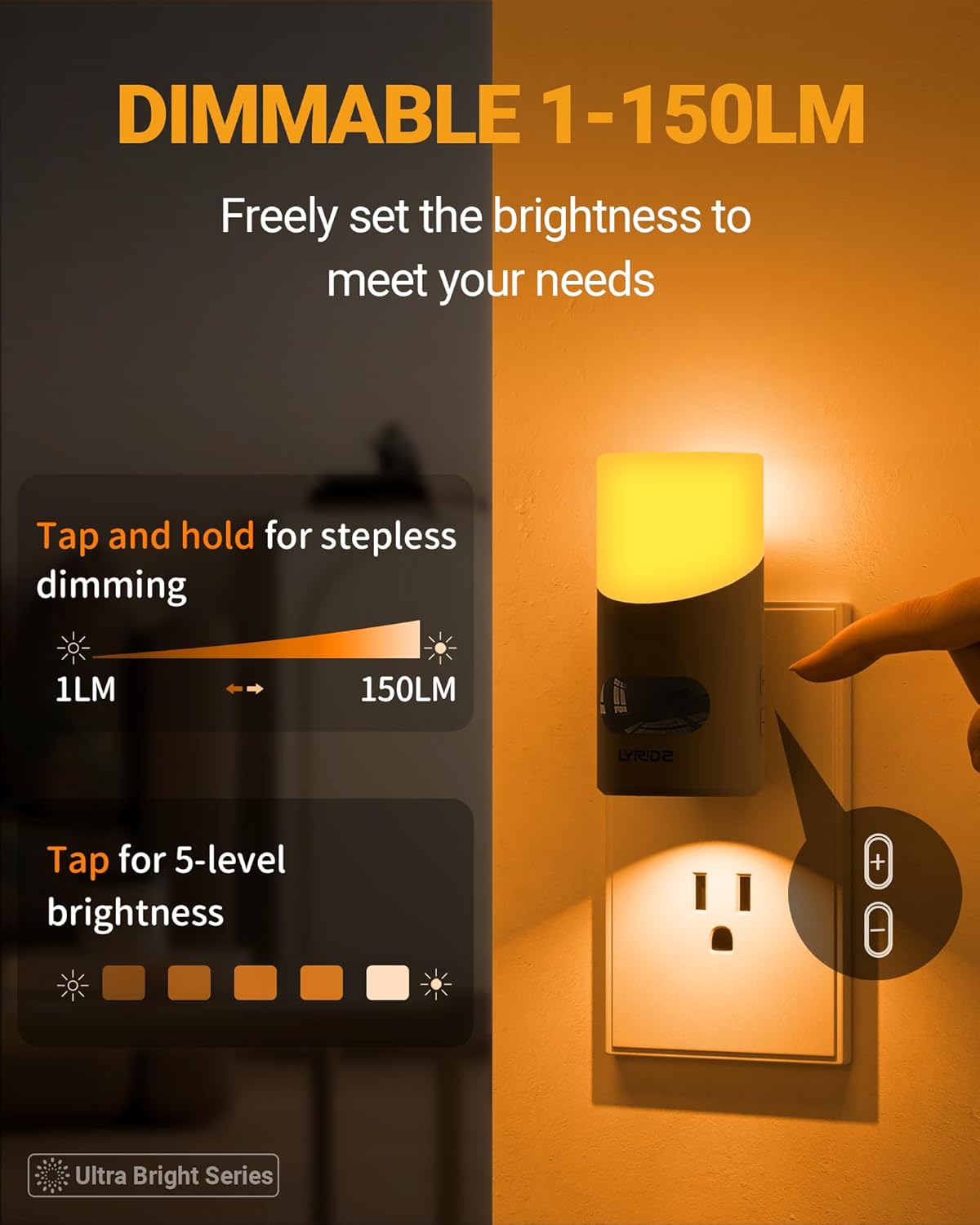 Lyridz Amber Night Light with Motion Sensor, 1-150LM Dimmable Plug-in Nightlight Indoor for
