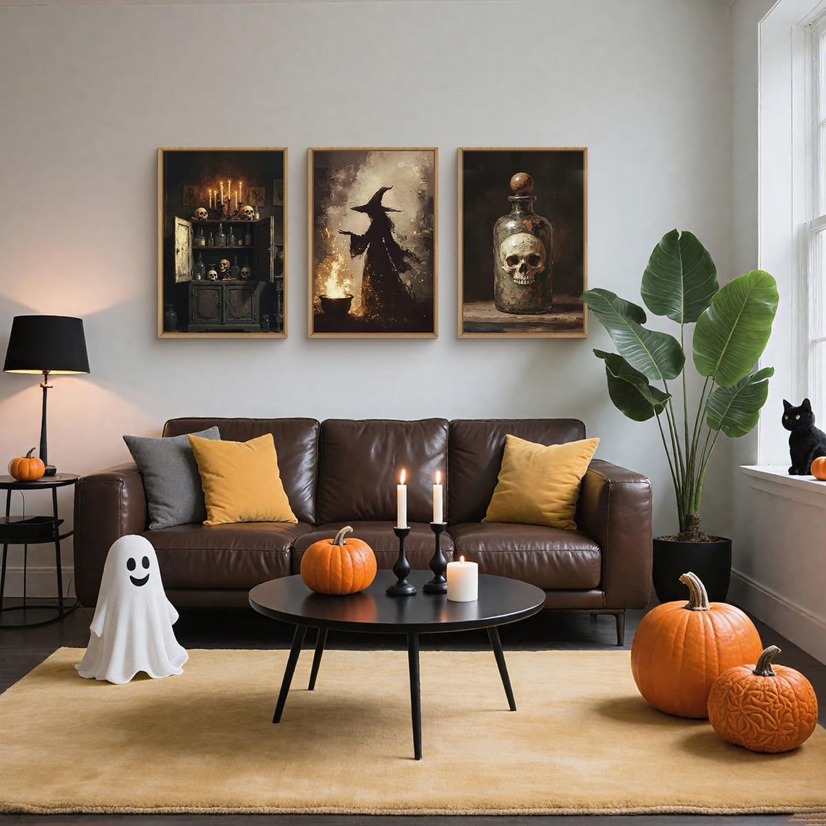 HPNIUB Halloween Witch Framed Canvas Wall Art Set, Terrifying Skeleton Poster Artwork, Vintage