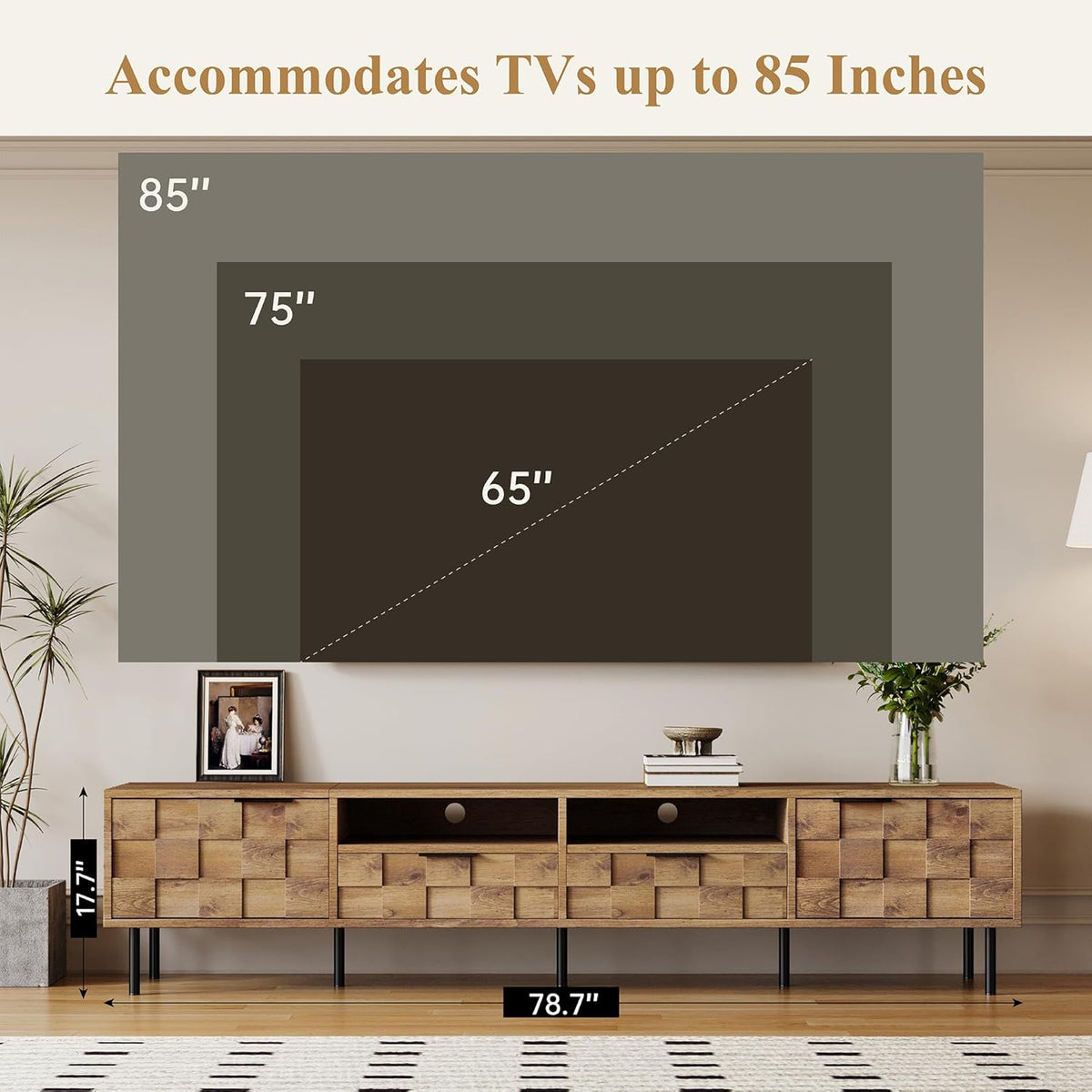 Modern TV Stand for TVs up to 85", Mid-Century Media Console with Checkered Cabinet Doors, Storage