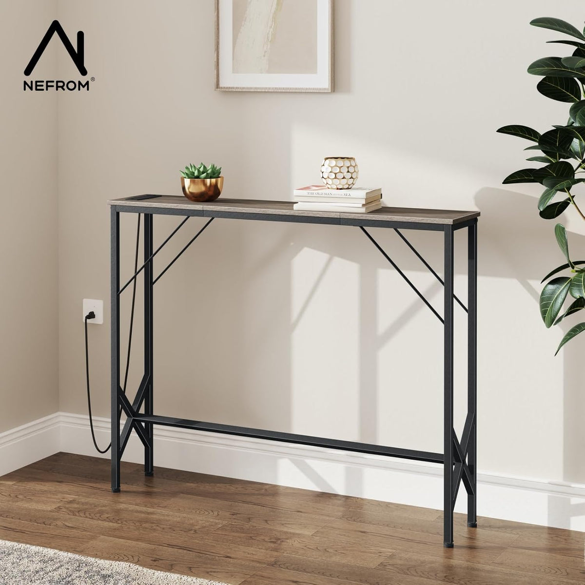 Console Table, Skinny Entryway Table with Fast-Charging Station, Narrow Long Sofa Table, Behind