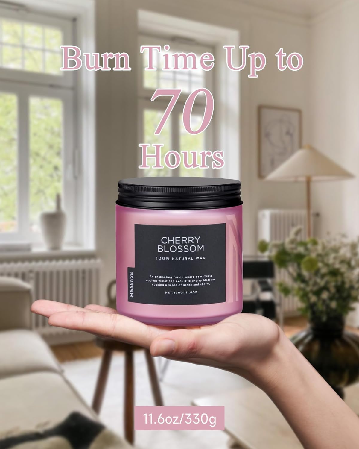 M&SENSE Cherry Blossom Scented Spring Candle, 70 Hours Long Lasting Soy Wax 11.6oz Stress Relief