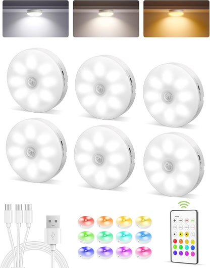 EZVALO 6-Pack Under Cabinet Lighting, Rechargeable Motion Sensor Puck Lights with Remote, 3 Color